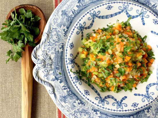 Soffritto in blue bowl