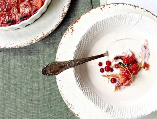 Baked fruits-almond milk bowl