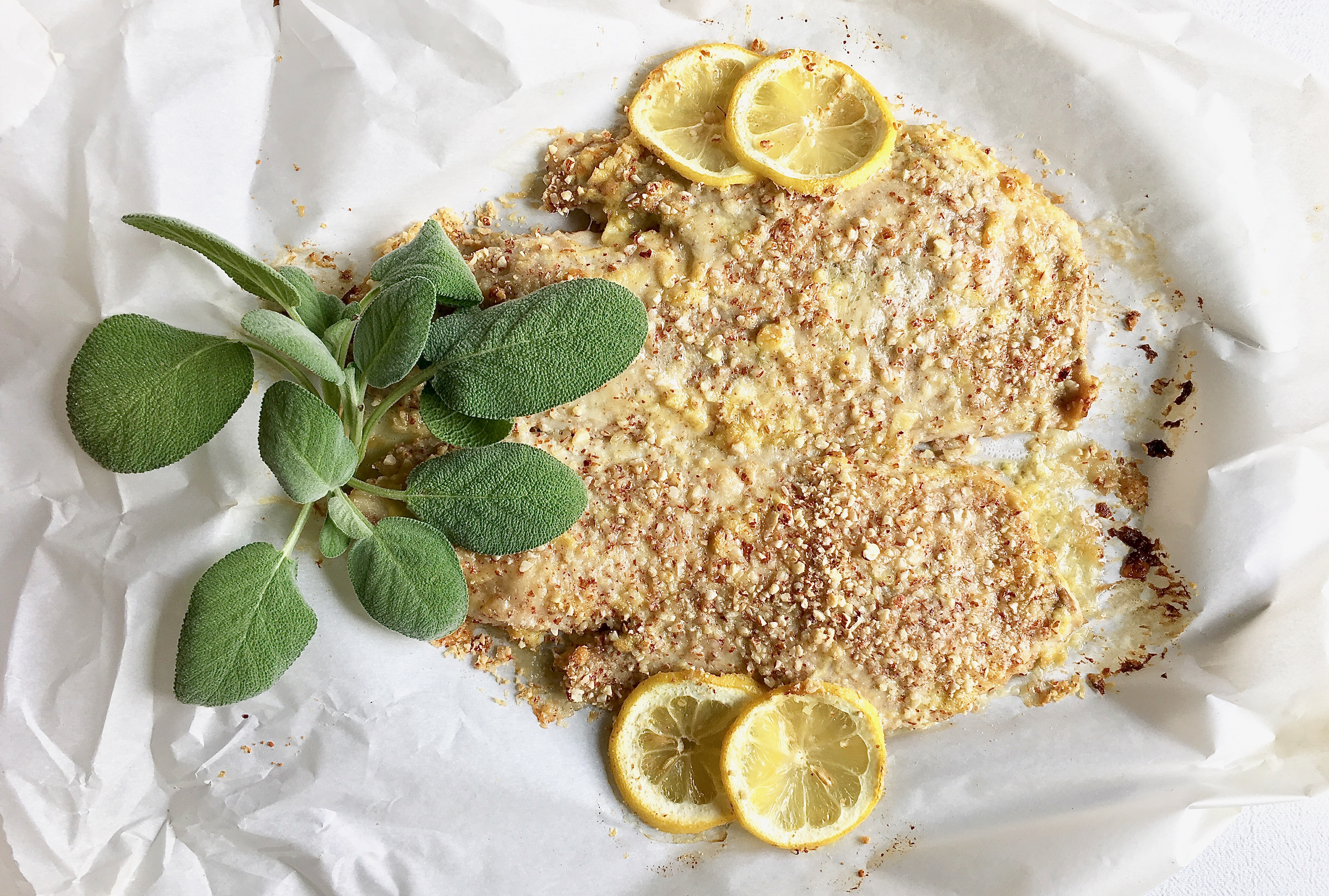 Baked whole fish with almond crust
